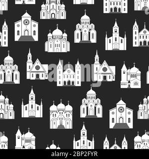 White christian church buildings silhouettes on black background. Religion buildings seamless pattern Stock Vector