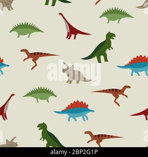 Seamless color Dino pattern for t-shirt print. Repeat retro background of fun hand drawn dinosaurs for textiles, fabric or kids wrapping paper Stock Vector