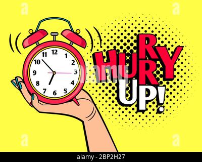 Hurry up cartoon word, pop art style coloful icon with alarm clock, vector illustration Stock Vector