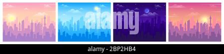Daytime city view. Cityscape sunrise, noon and night time, skyline landscape in day and night, urban buildings silhouette vector background set Stock Vector