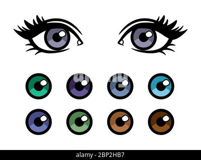 Color contact lenses advertising poster with cartoon character female eyes Stock Vector