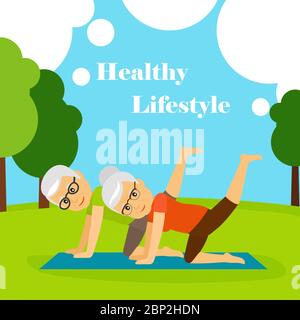 Cartoon character old couple doing yoga in the park, vector illustration Stock Vector