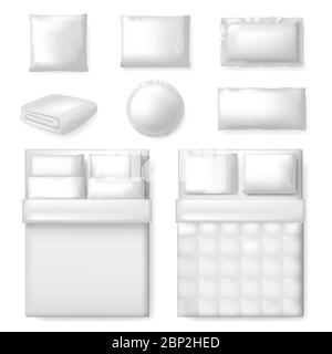 Realistic bedding template. White blank bed, blanket and pillows, comfort textile bedding template, bedroom isolated vector illustration set Stock Vector