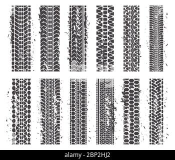 Tire marks. Car tire dirty grunge texture treads, automobile or motorcycle tire tracks texture. Sport tire tracks isolated vector symbols set Stock Vector