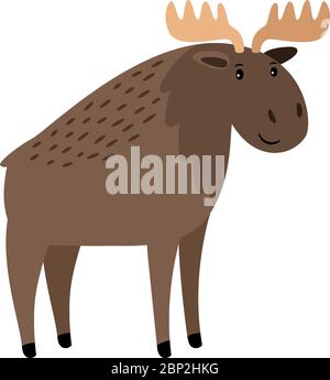 Moose. Cute vector elk with large horns on white, single antlered moose vector illustration Stock Vector