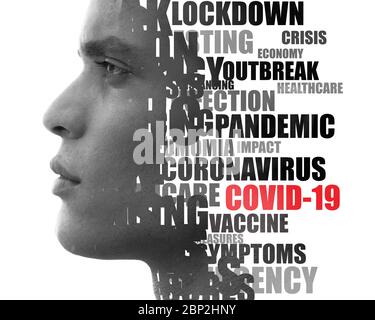 Coronavirus word cloud. Double exposure portrait. Stock Photo
