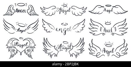 Download Doodle flying angel wings with halo. Sketch angelic wings ...
