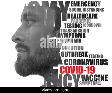Coronavirus word cloud. Double exposure portrait. Stock Photo