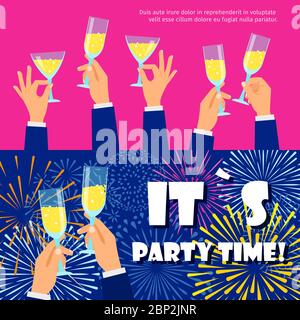 Party banners template. Christmas, New Year, celebrating backgrounds with fireworks and champagne, vector illustration Stock Vector