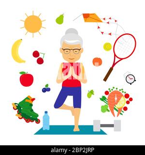 Senior woman healthy lifestyle. Old woman with healthy food, sport equipment going yoga, vector illustration Stock Vector