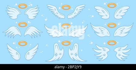 Angel wings. Cartoon angels wing and nimbus, winged angel holy sign, heaven elegant angel wings vector illustration icons set Stock Vector