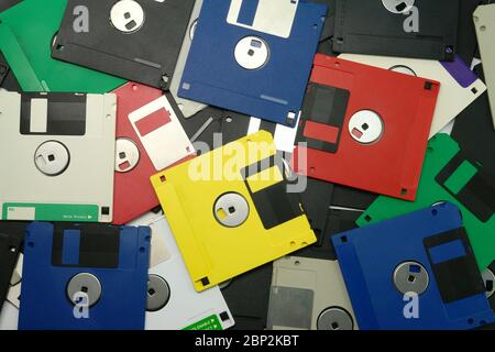 Vintage old computer from the 90u0027s on wooden background Stock 