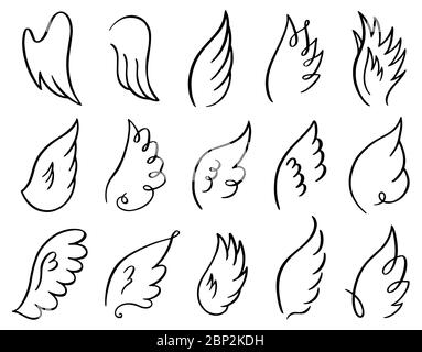 Hand drawn wings. Doodle sketch angel flight feather, angels or birds elegant wings spread, winged angel elements vector illustration icons set Stock Vector