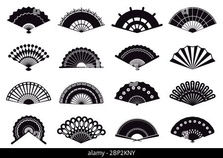Hand fans silhouette. Asian traditional paper folding hand fans, graphic monochrome oriental paper folding fans vector illustration icons set Stock Vector