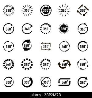 Circle 360 degrees icons. Circle arrow 360 degree panorama sign, VR technology 360 degree angle vector illustration icons set Stock Vector