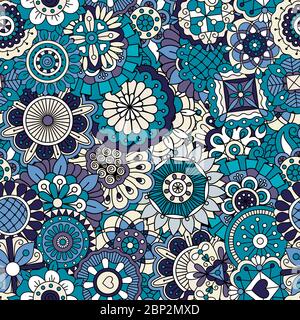 Blue floral outline ornamental pattern in ethnic style. Vector decorative background Stock Vector