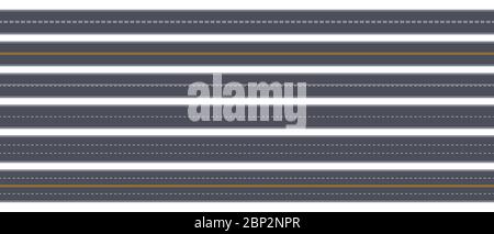 Tow view road. Highway horizontal asphalt marked roads, urban street straight roadway marking vector illustration set Stock Vector