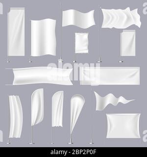 Realistic flags. Textile beach waving flag on flagpole, empty banners and fabric signboard, white placard 3d template vector mockups set Stock Vector