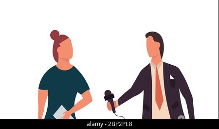 News reporter television illustration man with woman. Broadcasting communication journalist report media live. Interview with microphone newscaster ba Stock Vector
