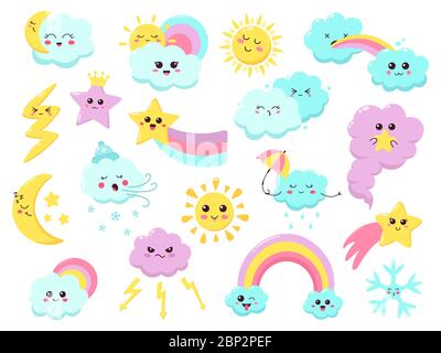 Cute weather emoticons. Funny weather character, hand drawn stars, wind, rainbow and flash, smiling weather signs vector illustration icons set Stock Vector