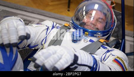 Expedition 57 Preflight  Expedition 57 Flight Engineer Alexey Ovchinin of Roscosmos has his Sokol suits pressure checked for his launch on a Soyuz rocket with Flight Engineer Nick Hague of NASA, Thursday, Oct. 11, 2018 at the Baikonur Cosmodrome in Kazakhstan. During the Soyuz spacecraft's climb to orbit, an anomaly occurred, resulting in an abort downrange. The crew was quickly recovered and is in good condition. Stock Photo