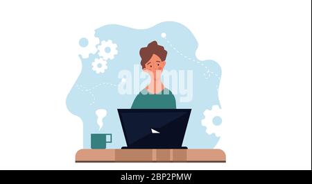 Thinking sad man on laptop vector flat illustration business concept. Professional human solution question problem work. Confusion guy brainstorming h Stock Vector