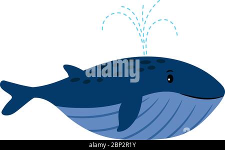 Cartoon Whale. Vector illustration of swimming whale with water fountain blowhole blow or spout spray on white Stock Vector