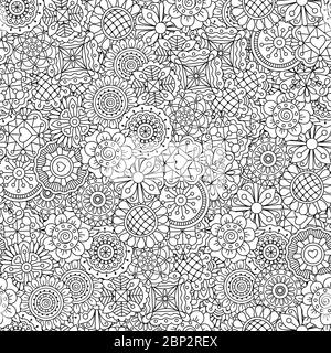 Different shape ornamental flowers pattern. Outline decorative black and white adult floral coloring background. Vector illustration Stock Vector