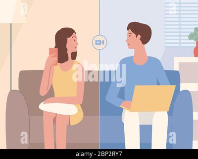 Colleague Men and women stay at different home but meet face with video calls from smartphone and computer notebook. Concept Illustration about the ne Stock Vector