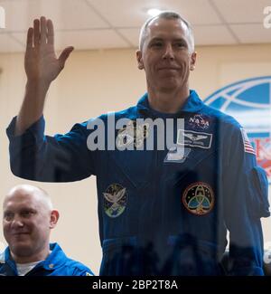 Expedition 55 Press Conference  Expedition 55 flight engineer Drew Feustel is seen in quarantine, behind glass, during a press conference, Tuesday, March 20, 2018 at the Cosmonaut Hotel in Baikonur, Kazakhstan. Feustel, Soyuz Commander Oleg Artemyev of Roscosmos, and flight engineer Ricky Arnold of NASA are scheduled to launch to the International Space Station aboard the Soyuz MS-08 spacecraft on Wednesday, March, 21. Stock Photo