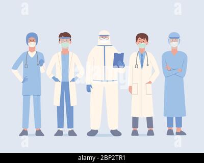 Doctor team in uniform and surgical mask and face shield and PPE suit standby for help Patient and work in stand pose. Staff prepare to protect people Stock Vector