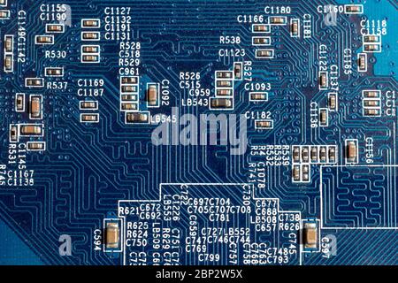 Circuit board close-up blue texture back with connectors Stock Photo