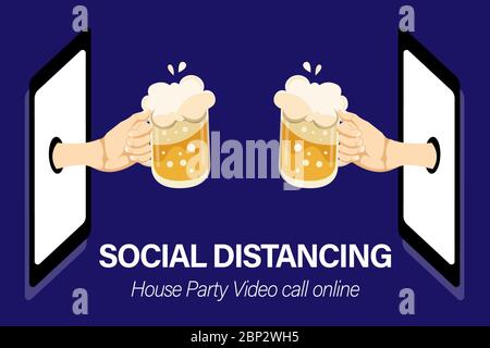 Two people hands holding beer glasses in house party. Friends having fun with video call online by smart phones. Social Distancing concept for banners Stock Photo