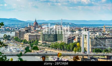 Architecture of Budapest downtown. Famous Parliament and bridges on Danube river Stock Photo