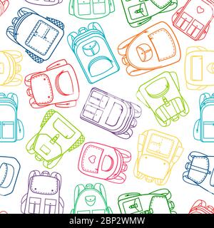School pattern with colorful outline backpacks on white background. Vector illustration Stock Vector