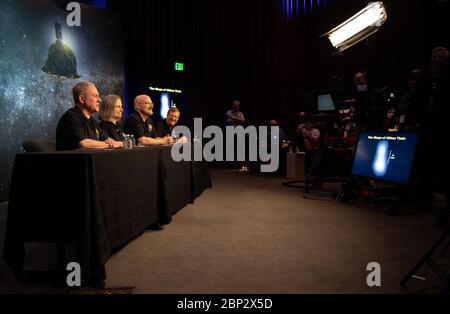 New Horizons Ultima Thule Flyby  A new image of Ultima Thule is seen on a screen during a press conference after the team received confirmation from the New Horizons spacecraft that it has completed the flyby of Ultima Thule, Tuesday, Jan. 1, 2019 at Johns Hopkins University Applied Physics Laboratory (APL) in Laurel, Maryland. New Horizons principal investigator Alan Stern of the Southwest Research Institute (SwRI), Boulder, CO, New Horizons Mission Operations Manager Alice Bowman of the Johns Hopkins University Applied Physics Laboratory, New Horizons mission systems engineer Chris Hersman o Stock Photo