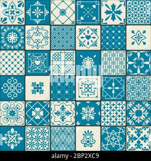 Ceramic tile set. Vintage oriental moroccan style tiles patterns or spanish flowers decorative motifs. Vector illustration Stock Vector