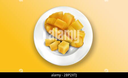 Fresh mango diced on a white plate. Stock Vector