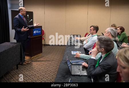 Space Symposium - Media Meeting  NASA Administrator Jim Bridenstine speaks with media at the Space Symposium, Tuesday, April 9, 2019, at Broadmoor Hall in Colorado Springs, Colorado. Stock Photo