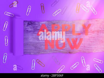 Handwriting text writing Apply Now. Conceptual photo request something officially in writing or by sending in form Stock Photo