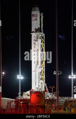 Northrop Grumman Antares CRS-11   A Northrop Grumman Antares rocket carrying a Cygnus resupply spacecraft is raised into a vertical position on Pad-0A, Monday, April 15, 2019. Northrop Grumman’s 11th contracted cargo resupply mission with NASA to the International Space Station will deliver about 7,600 pounds of science and research, crew supplies and vehicle hardware to the orbital laboratory and its crew.