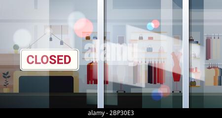 closed sign hanging outside female clothes shopping mall coronavirus pandemic quarantine bankruptcy commerce crisis concept fashon shop interior horizontal vector illustration Stock Vector