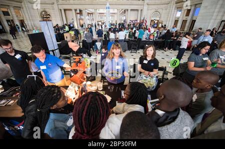NASA Earth Day 2019  Visitors explore NASA's exhibits at the Earth Day event on Monday, April 22, 2019, at Union Station in Washington, D.C. Stock Photo