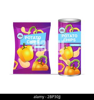 potato chips with paprika flavor crisps natural potatoes packaging advertising design template isolated vector illustration Stock Vector