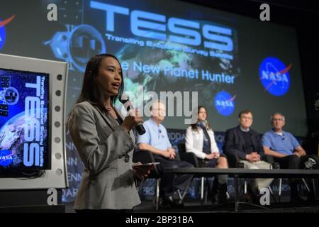 Transiting Exoplanet Survey Satellite (TESS) Briefing  NASA Public Affairs Officer Felicia Chou moderates a media briefing where astrophysics experts discuss the upcoming launch of NASA’s next planet hunter, the Transiting Exoplanet Survey Satellite (TESS), Wednesday, March 28, 2018 at NASA Headquarters in Washington.