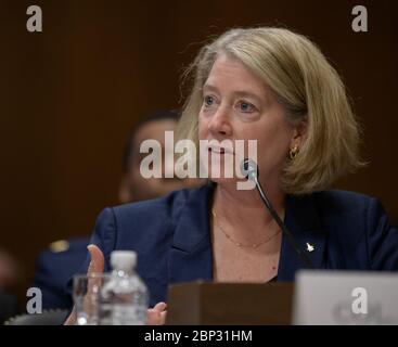 Senate Aviation and Space Subcommittee Hearing  Col. Pamela A. Melroy, United States Air Force (ret.) (former astronaut) testifies before the Aviation and Space Subcommittee of the Senate Commerce, Science, and Transportation Committee during a hearing titled “The Emerging Space Environment: Operational, Technical, and Policy Challenges.”, Tuesday, May 14, 2019, at the Dirksen Senate Office Building in Washington. Stock Photo