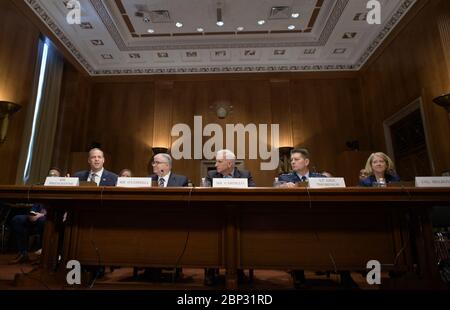 Senate Aviation and Space Subcommittee Hearing  NASA Administrator Jim Bridenstine, left, Kevin O’Connell, Director, Office of Space Commerce, Department of Commerce, Robert Cardillo, Former Director, National Geospatial-Intelligence Agency, Lt. Gen. David D. Thompson, Vice Commander, Space Command, United States Air Force, and Col. Pamela A. Melroy, United States Air Force (ret.) (former astronaut), right, testify before the Senate Aviation and Space Subcommittee during a hearing titled “The Emerging Space Environment: Operational, Technical, and Policy Challenges.”, Tuesday, May 14, 2019, at Stock Photo