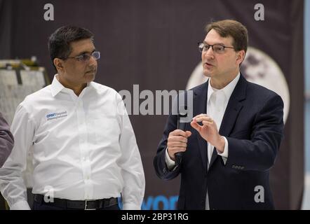 Commercial Lunar Payload Services Announcement  President and CEO of OrbitBeyond, Siba Padhi, left, and Chief Science Officer, OrbitBeyond, Jon Morse, speak about their lunar lander, Friday, May 31, 2019, at Goddard Space Flight Center in Md. Astrobotic, Intuitive Machines, and Orbit Beyond have been selected to provide the first lunar landers for the Artemis program's lunar surface exploration.