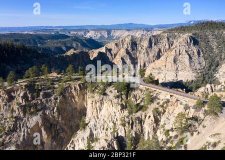 Aerial views of the Hells Backbone highway bridge near Escalante, Utah Stock Photo