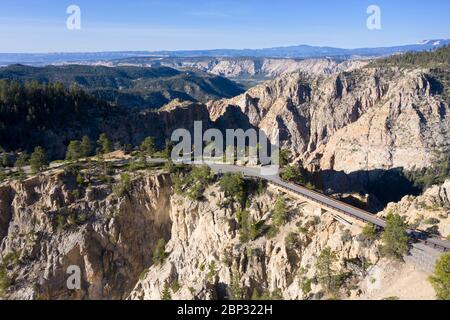 Aerial views of the Hells Backbone highway bridge near Escalante, Utah Stock Photo